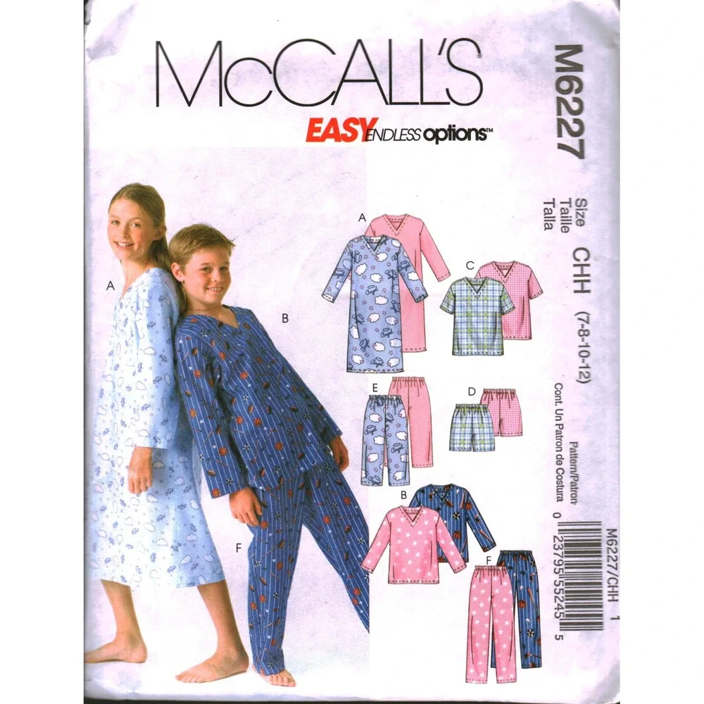 McCalls M6227 Kids Pajamas Sewing Pattern Nightshirt Top Pants Shorts Size 7-12